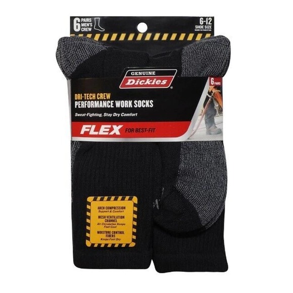 Dickies Performance Mens Work Socks Black Dri-Tech Crew 6 Pack Size 6-12 - Picture 1 of 2